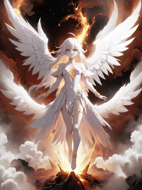 a woman with white wings standing in front of a fire