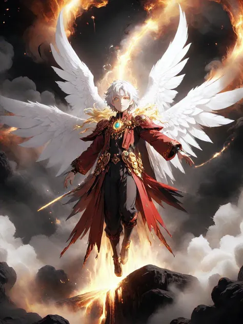 a man with white hair and wings flying through the air