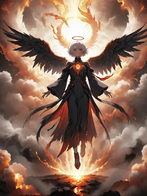 a woman with wings flying through the air in front of a fire