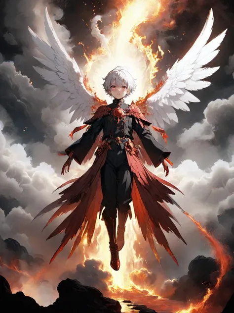 an angel with white hair and wings flying through the sky