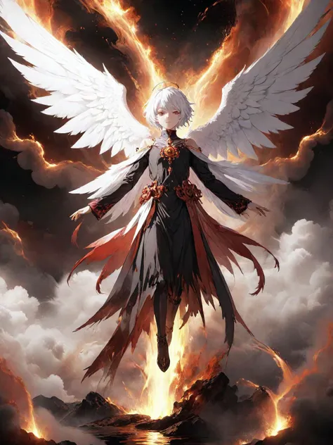 a woman with white hair and wings standing in front of a fire