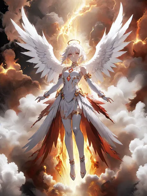 a woman with white hair and wings flying through the sky