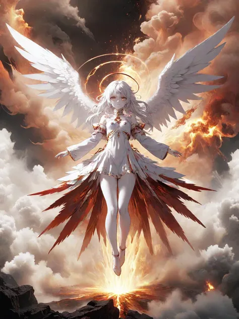 a woman with white hair and wings flying through the air