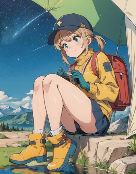 masterpiece, best quality, ultra-detailed, illustration, 1girl, solo, outdoors, camping, night, mountains, nature, stars, moon, tent, twin ponytails, green eyes, cheerful, happy, backpack, sleeping bag, camping stove, water bottle, mountain boots, gloves, ...