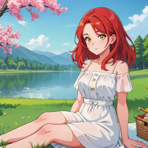 1Girl, mature, American, redhead, medium hair, yellow eyes, sitting on a picnic blanket near a lake, elegant summer dress, happy, grass, tree, lake, clouds, highest quality, highly detailed, 4K, 8K, UHD,