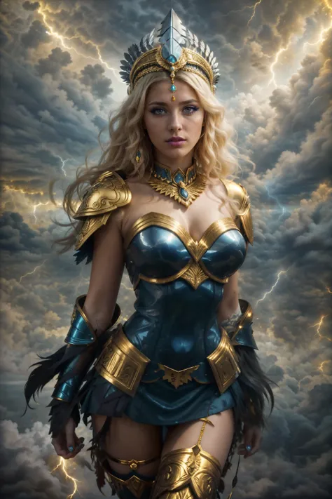 photograph of (young woman:1.25), 1girl, goddess, (standing on dark clouds), thunder, lightning, (Sky Blue ornamented armor pieces, shoulder pads, gauntlets, headdress:1.2), choker, hip belt BREAK (disheveled Golden Blonde hair), dark atmosphere BREAK (rea...