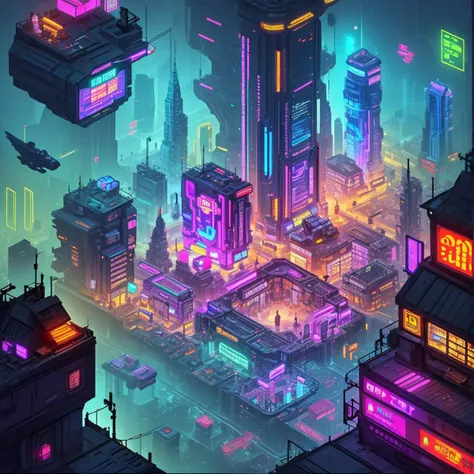 a close up of a city with neon lights and buildings