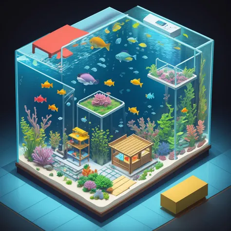 a fish tank with a small house and a bench in it