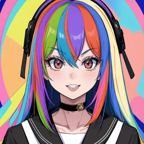 a girl with colorful hair and headphones on in front of a colorful background