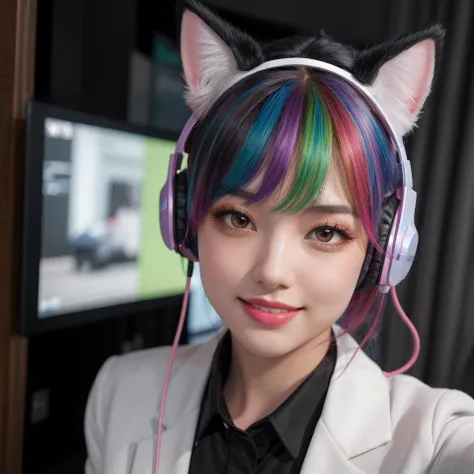 araffe with colorful hair wearing headphones and a white jacket