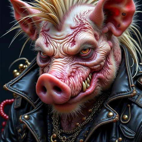 badmilk hyperdetailed raw masterpiece a close up of an old ugly and nasty anthropomorphic pig cyberpunk dressed, long blond mohawk, he has a menacing expression on his face, with black leather and jeans and wearing doc martens boots, art dark, glass painti...