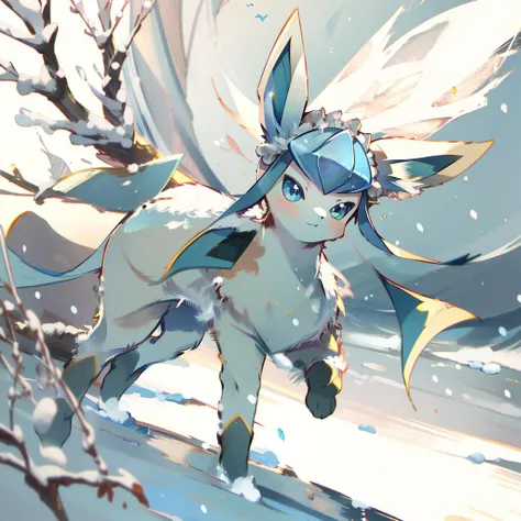 anime - style image of a girl with a blue and white outfit running through the snow