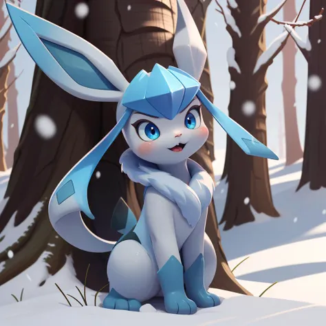 a close up of a cartoon character in a snowy forest