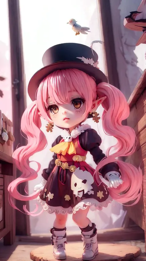 masterpiece, best quality, 1girl,look up to,full body,looking up, ,Dolce,  brown eyes, pointy ears,red dress, white gloves, yellow necktie, earrings, black top hat, pink hair, twintails, long hair,
beauty eye,backlighting, full body,chibi, perfect ratio,si...