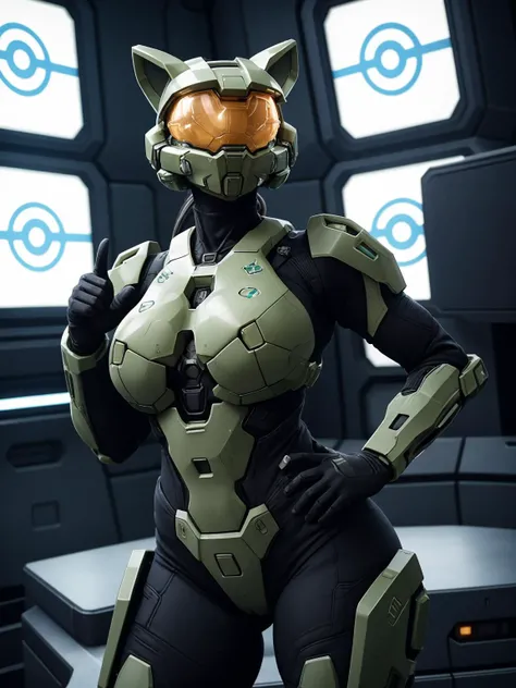 (halo masterchief:1.2), scifi planet, (big breasts, wide hips:1.1), cat ears, peace sign, (raw photo, 35mm photograph, film, professional, 4k, highly detailed:1.1)