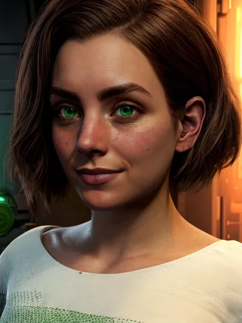 (insanely detailed, beautiful detailed face, masterpiece, best quality) <lora:beta:0.9>, beta,green eyes,brown hair,short hair, white shirt,short sleeves,smile, upper body,solo,standing, underground bunker,science fiction,tech,