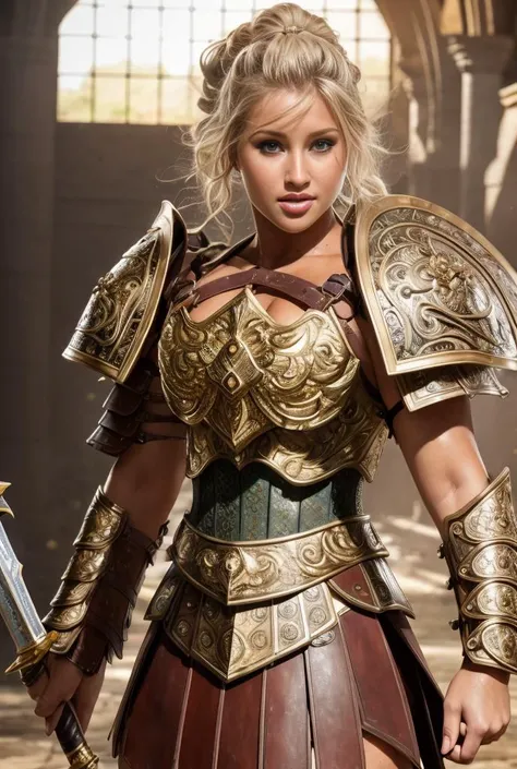 Masterwork Painting, Magnum Opus, 
 kennedyleigh, 25 yearsold, wild hair,  sweaty skin, sweaty body, in combat arena, pointing at viewer 
<lora:Gladiator:0.75> gladiator, chest armor, ornate carapace, leather armor, long sword, wooden shield, 
,
  highres,...