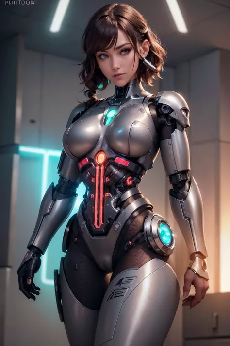 RAW photo, (a photo of female cyborg:1.3), cyber armor, (medium breasts:1.2), mature, dim lit,  (smiling:0.9), (high detailed skin:1.1), 8k uhd, dslr, soft lighting, best quality, film grain, Fujifilm XT3, analog style, instagram, tik tok, (posing in neon ...