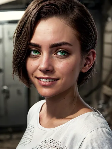 beta,green eyes,brown hair,short hair, white shirt,short sleeves,smile, upper body,solo,standing, underground bunker,science fiction,tech, (insanely detailed, beautiful detailed face, masterpiece, best quality),<lora:beta:0.7>,