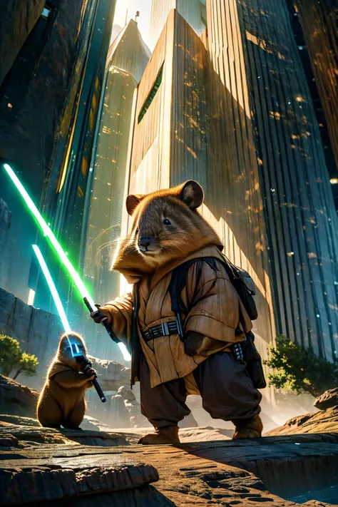 masterpiece, best quality, illustration, a quokka in jedioutfit, holding (green lightsaber), in front of a starship, <lora:Environment - StarWars:1>, <lora:jedioutfit:1>, <lora:add_detail:0.5>, <lora:quokka:1>