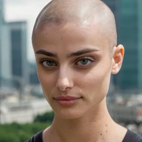 Buzzcut, no hair, bald, (Skin Texture, pores, natural,iPhone,RAW)), natural lighting, Highest Quality closeup Portrait photo of a woman wearing no makeup with a ((buzzcut)), Nikon Z9, realistic matte skin,  blurry city in the background, 8K,  <lora:tayhill...