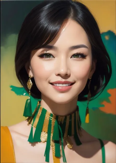 face portrait of chinese woman, smile, makeups, impression , abstract, ((oil painting by john berkey)) brush strokes, negative s...