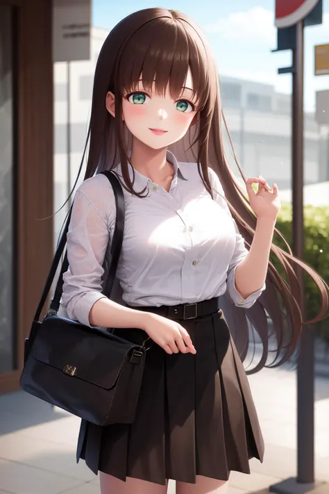 masterpiece, best quality, highres, 1girl <lora:tachibana_hina_no_outfit:1> white shirt, black skirt, smile, bag