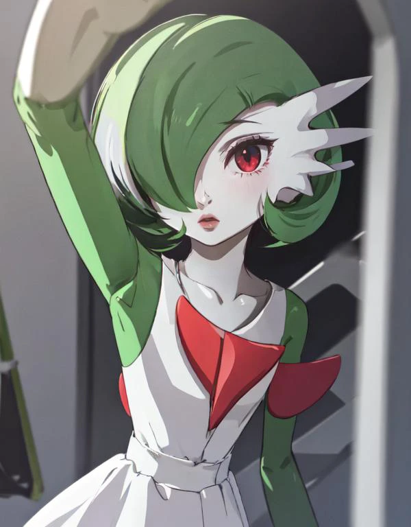 <lora:gardevoir_v2:1>, gardevoir, white dress, creatures (company), game freak, nintendo, pokemon, pokemon (game), bangs, colored skin, female focus, flat chest, gen 3 pokemon, green hair, green skin, hair over one eye, multicolored skin, pokemon (creature...