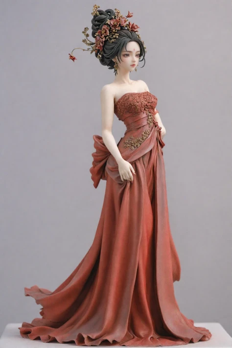 a statue of a woman in a red dress with flowers on her head