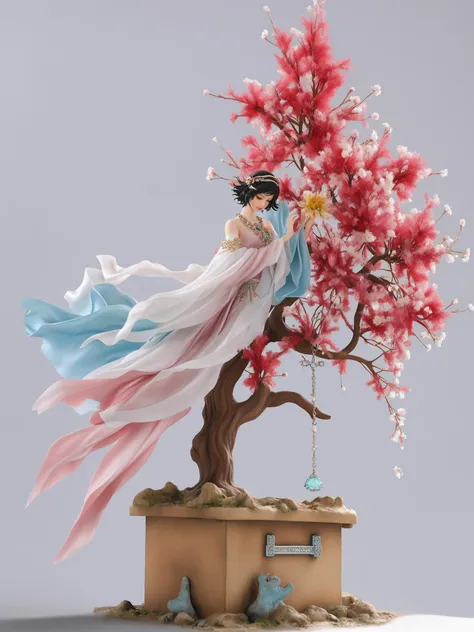 a close up of a figurine of a woman on a tree