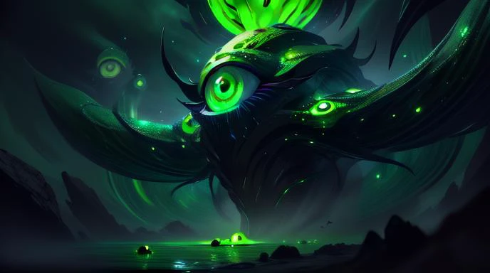 a green and black image of a monster with glowing eyes