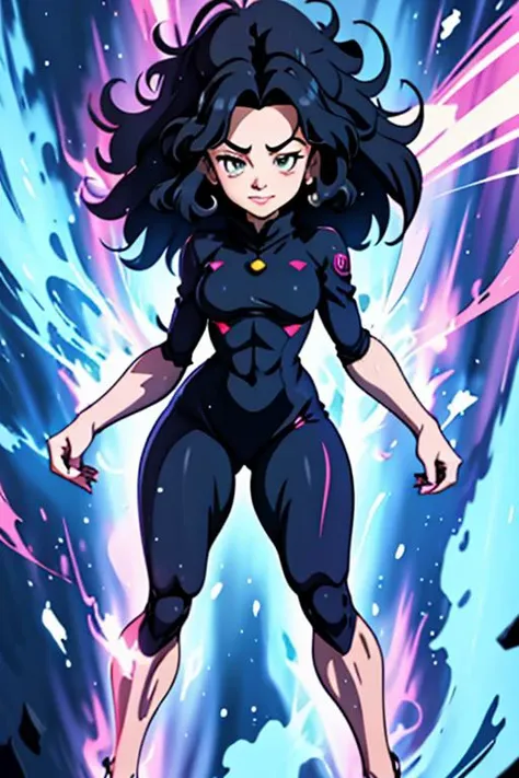 a cartoon of a woman in a black suit and a pink and blue background