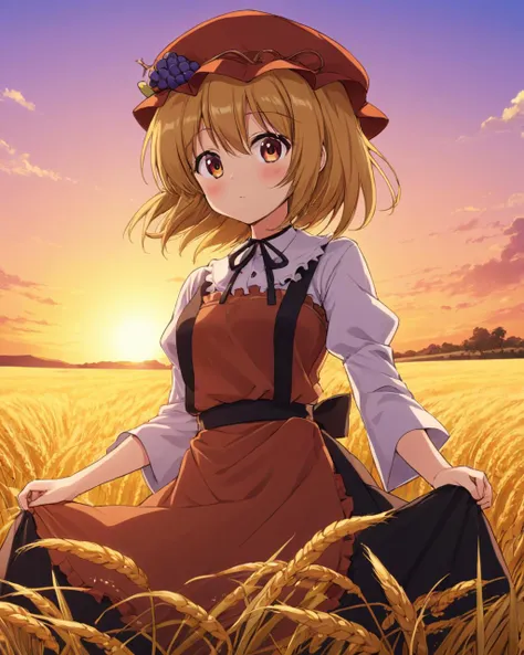 a woman in a dress and hat sitting in a field