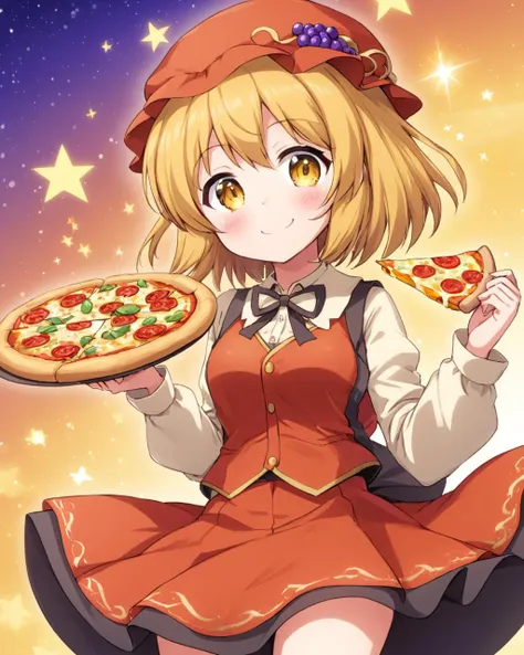 anime girl with pizza in hand and stars in the background