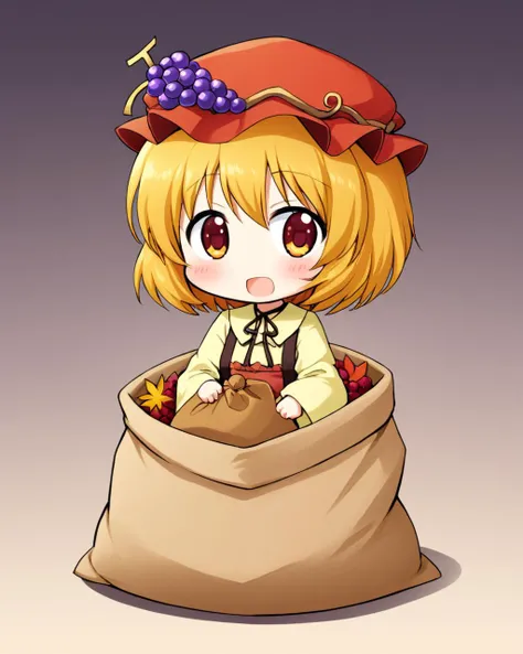 a cartoon girl with a hat and a bag of fruit