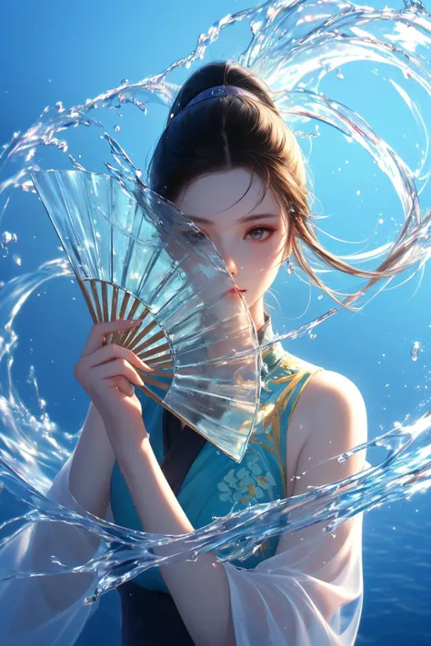 yushuishan, 1girl, hand fan, solo, black hair, long hair, holding fan, looking at viewer, holding, water, ponytail, upper body, chinese clothes, folding fan, covering mouth,
Best quality,masterpiece,ultra high res,<lora:20240323-1711170356508-0020:0.7>,