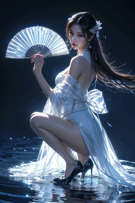 yushuishan, 1girl, high heels, water, solo, long hair, black hair, hand fan, looking at viewer, dress, white dress, bare shoulders, bare legs, hair ornament, holding, black footwear, from side, earrings, see-through, squatting, jewelry, thighs, chinese clo...