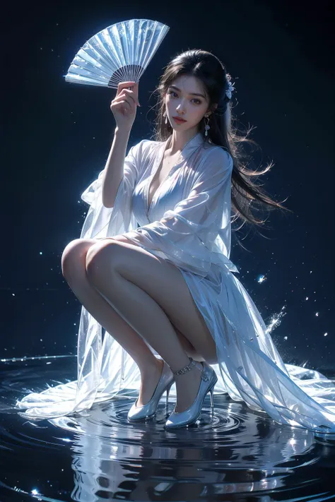 a woman in a white dress is holding a fan in the water