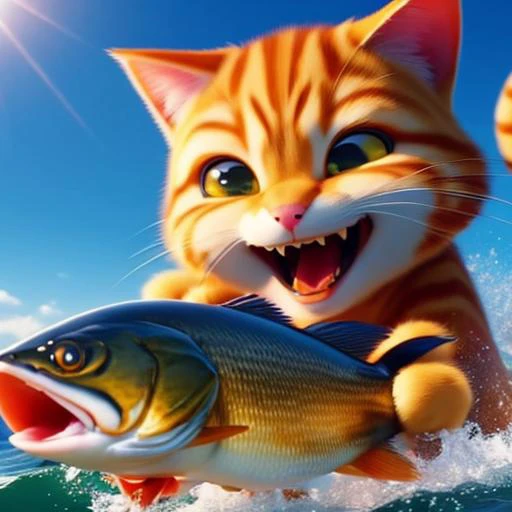 Cat opens its mouth and happily bites the fish