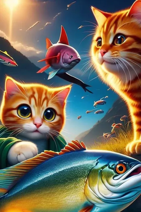 a close up of two cats and a fish on a field