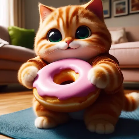 there is a cat that is holding a doughnut in its paws