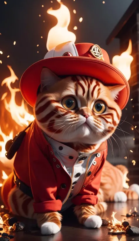 a close up of a cat wearing a fireman's hat and jacket