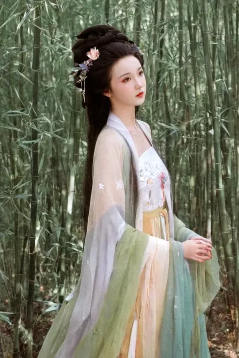 On a summer afternoon, the sun shines brightly through the bamboo forest. In this lush bamboo sea, an ancient girl wears a cool Hanfu, and her long hair flutters in the wind like a graceful flower. She walked lightly between the bamboo groves, her features...