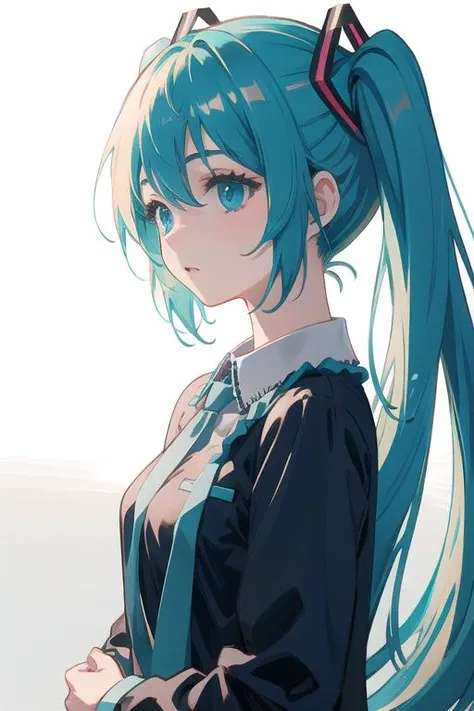 hatsune miku, masterpiece, low twintails, upper body, medium breasts, dim lighting, white background, double v,