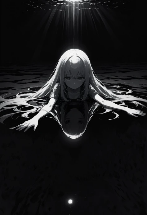 (anime artwork:1.2) of a pale woman with long hair looking down into a pool of pitch black, reaching down into the darkness, being pulled in. black and white, artistic album cover, high contrast