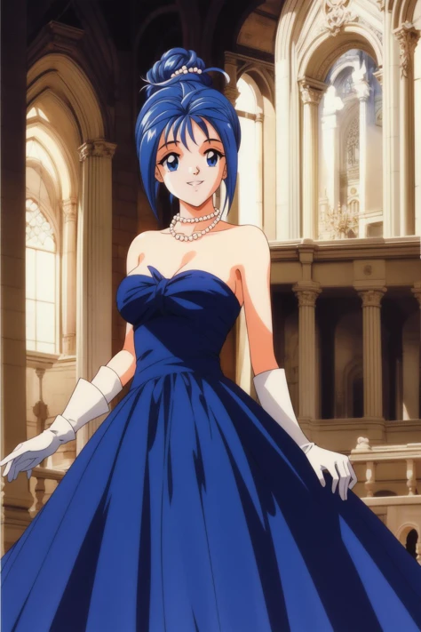 <lora:KatagiriAyako:1> KatagiriAyako, 1girl, solo, dress, blue eyes, necklace, jewelry, retro artstyle, smile, 1990s (style), gloves, blue hair, pearl necklace, strapless, looking at viewer, hair bun, single hair bun, bead necklace, elbow gloves, strapless...