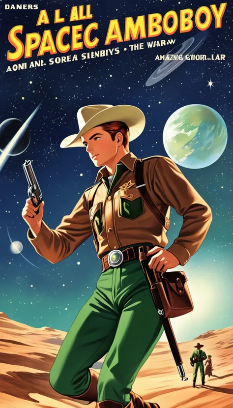 a cover for a comic book, a comic book cover about all space cowboy, 1 cowboy wearing a hat in the style of amazing stories, 1940s 1950s, red and green, comic art, realistic genre scenes, romanticized realism dynamic