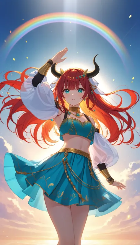 1girl, solo, back light, rainbow, aqua eyes, fake horns, red hair, long hair, crop top, jewelry, horns, veil, bracer, brooch, puffy long sleeves, skirt, bangs, low twintails, puffy sleeves, neck ring, gold trim, parted bangs, arm up, blue skirt, hair ornam...