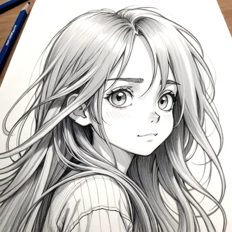 2d,  cute girl , dreamy, pleased, long messy hair, Lovely, sketch portrait, pencils, black and white,pencil H drawing on low grain white paper,uncolored pencil line draft, hand drawn art,scumbling, extralines,clear lines, hatching, shadow, canvas, 