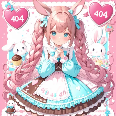 ichiban iiewo tanomu,(((highly detailed image of the text 404 formed by chocolate badge on very cute lolita dress))),sit,petite girl,(pink ultra long wavy hair:1.4), (timid bashful),ahoge,(pink braided bun hair with white bunny ears),aqua eyes,(tareme),(bi...